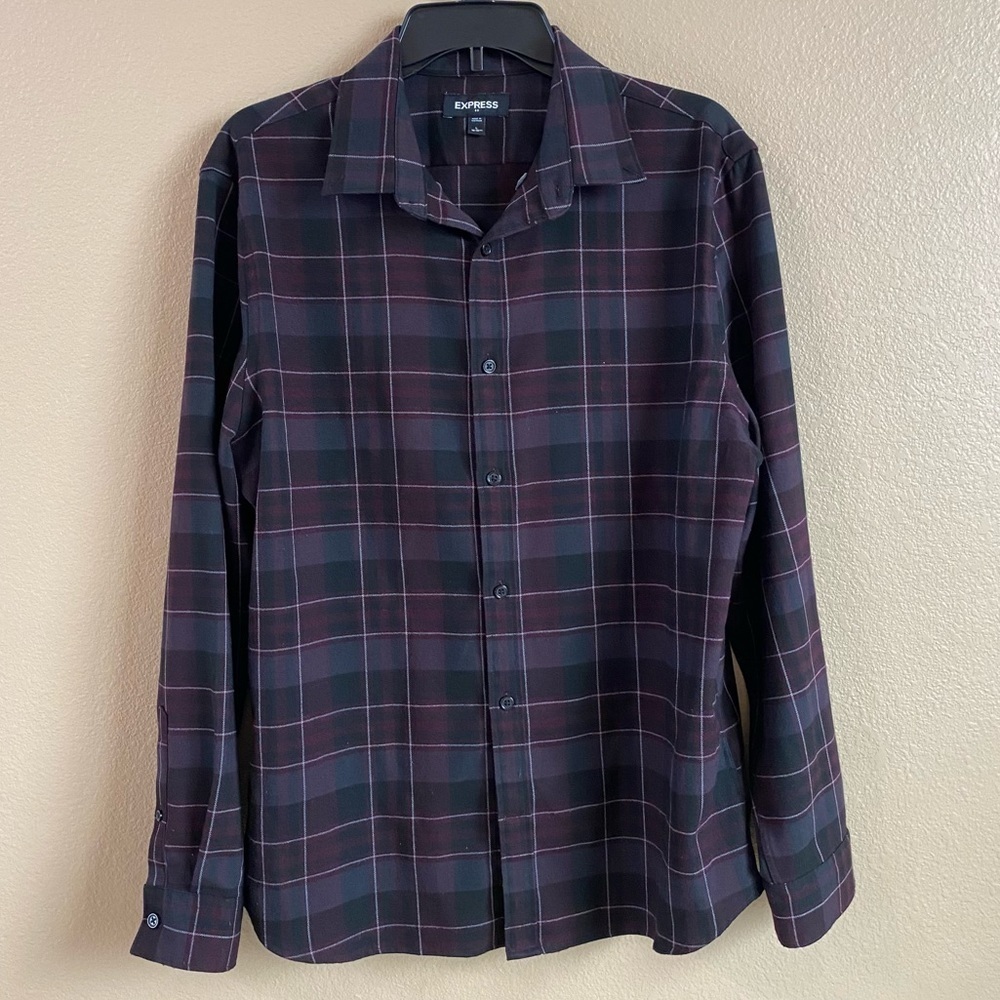Express Mens Size L Neck 16-16.5 Plaid Warmer Weather Button Down Dress Shirt